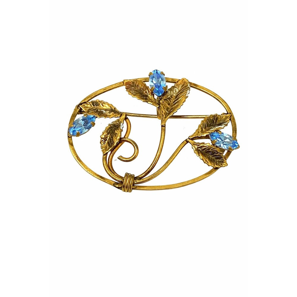 Vintage 12K Gold Filled Floral Brooch Pin Art Nouveau Blue Stone Flower Signed